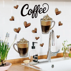 Artistic coffee wall stickers with heart patterns on a white tile kitchen backsplash