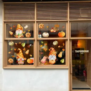 Autumn gnome window stickers set with watercolor pumpkins and maple leaves for home decor