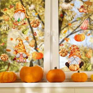 Fall gnomes and pumpkin window clings set on glass with autumn forest background