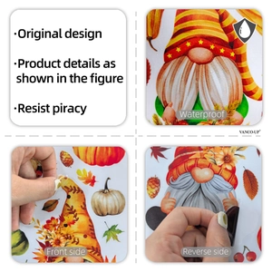 Detailed view of waterproof fall gnome window stickers with pumpkins and maple leaves