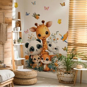 Cartoon giraffe and animal wall decals with floral elements for nursery room decoration