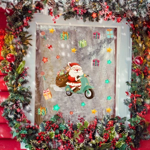 Creative Christmas Santa Claus window stickers with festive trees and snowflake ornaments
