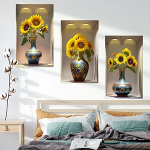 3D Sonnenblumen Wandtattoo Set mit blauen Vasen für Wohnzimmer und Schlafzimmer Deko