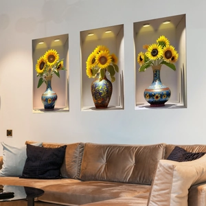 3D-Wandtattoo mit Sonnenblumen und blauer Vase für moderne Wohnzimmer-Deko