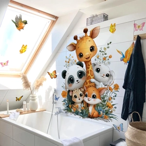 Detailed view of cute cartoon animal wall stickers featuring a giraffe and panda on bathroom tiles
