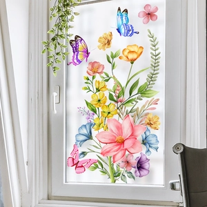 Self-adhesive floral butterfly window stickers set with watercolor flower decorations