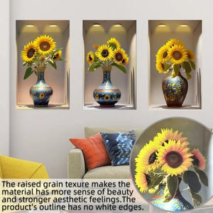 Detaillierte 3D-Struktur von Sonnenblumen-Wandtattoos mit edlem Keramikvasen-Effekt