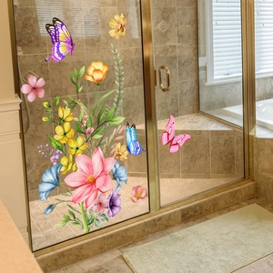 Self-adhesive floral and butterfly glass window stickers for bathroom and home decor