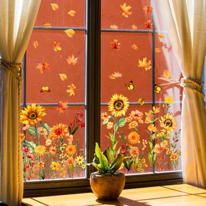 Autumn window stickers set with sunflowers, maple leaves, and butterflies for home decor