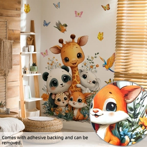 Detail of self-adhesive animal wall stickers featuring giraffe and fox for kids room