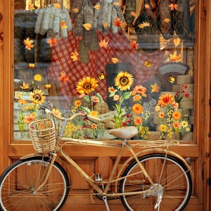 Detailed autumn window clings featuring sunflowers, maple leaves, and butterflies decor
