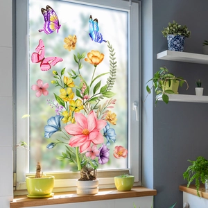 Watercolor floral window clings with butterflies for home glass decoration