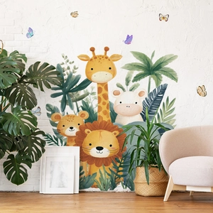 Cartoon forest animals and tropical plants wall decals for nursery and playroom decoration