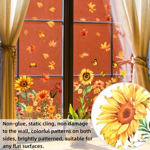 Detail of sunflower and maple leaf static cling window stickers for autumn home decor