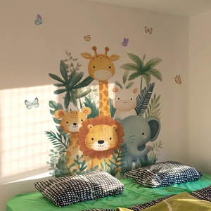 Detail of cartoon safari animal wall stickers with giraffes and lions in a kids bedroom