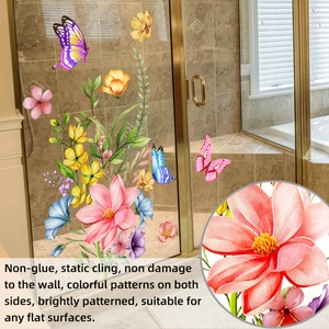 Detail of floral butterfly static window clings showing double-sided color and glue-free design