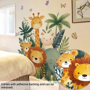 Close-up of jungle animal wall stickers featuring a giraffe and elephant with adhesive backing