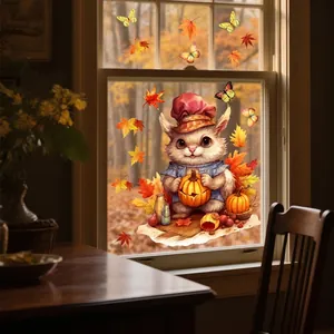 Static Window Cling Stickers Autumn Harvest Halloween Decor Cute Squirrel Pumpkin Maple Leaves Double Sided Color PVC Decals