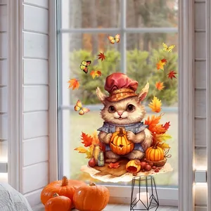 Squirrel with pumpkin and maple leaves autumn window sticker for glass decoration