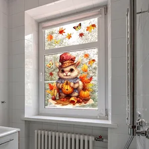 Autumn window clings featuring cute squirrel, pumpkin and maple leaf decals for home