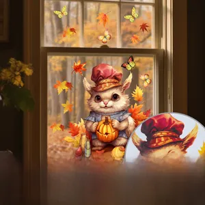 Detail of autumn squirrel and pumpkin static window sticker with vibrant maple leaves