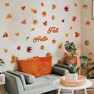 Pegatinas de pared de hojas de arce otoñales con texto Hello Fall para el salón