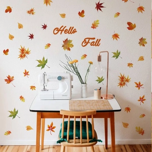 Pegatinas de pared de hojas de arce otoñales con texto Hello Fall para decoración