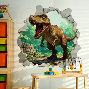 Detail of 3D T-Rex wall sticker showing dinosaur breaking through wall for kids room decor