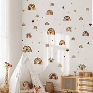 Bohemian rainbow wall stickers in nursery room with stars and geometric heart patterns