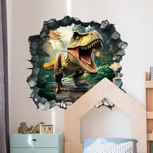 3D broken wall dinosaur wall sticker with T-Rex design for creative kids room decor