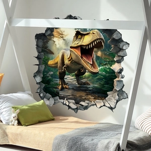3D broken wall dinosaur wall sticker showing a roaring T-Rex for kids' bedroom decor