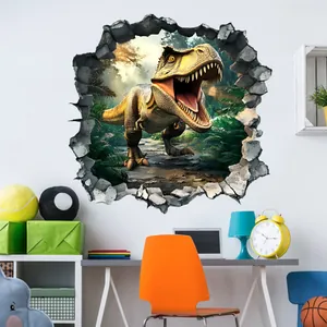 3D wall decal of roaring T-Rex with prehistoric forest background breaking through a white wall