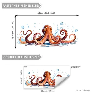 Watercolor octopus wall sticker with blue water splashes, 60x30cm self-adhesive vinyl decal