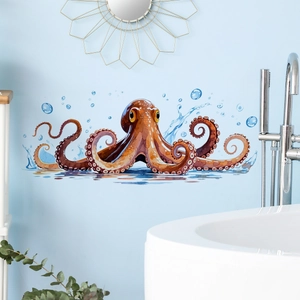3D watercolor octopus wall sticker with blue water splashes for bathroom wall decor