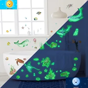 Glow-in-the-dark ocean animal wall stickers featuring whales and turtles for home decor