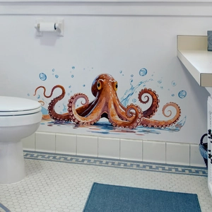 Creative hand-painted octopus wall sticker with blue water splashes on white bathroom tiles