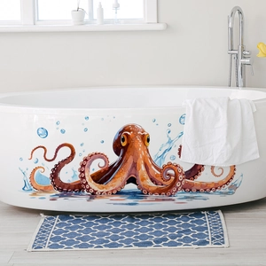Detail of octopus and blue splash wall stickers applied on a white bathtub side
