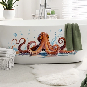 Detail of octopus bathtub wall sticker with blue bubbles on waterproof PVC material