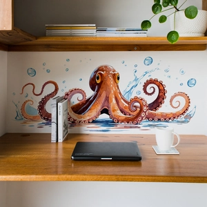 Creative hand-painted octopus wall sticker with blue bubbles for modern home living room decor