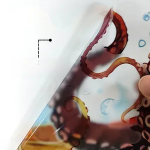 Detail of transparent octopus wall sticker being peeled off, showing adhesive backing