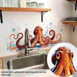 Detail of octopus wall sticker showing skin texture and blue water splash on white tiles