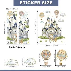 Cartoon castle and hot air balloon wall stickers with gold stamping and size chart