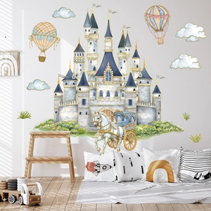 Cartoon Castle Carriage Hot Air Balloon Wall Stickers PVC Waterproof Self Adhesive Watercolor Decals Kids Bedroom Decor