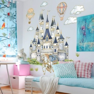 Cartoon castle wall stickers with hot air balloons and carriage for nursery decor