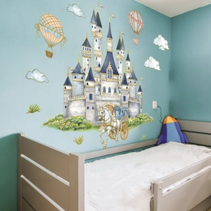 Cartoon castle and carriage wall sticker with golden accents for kids bedroom decor