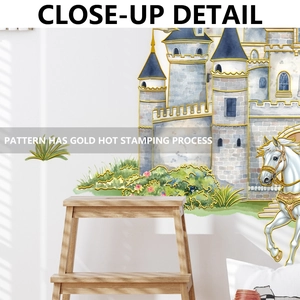 Detail of fantasy castle and white horse wall sticker with gold hot stamping process