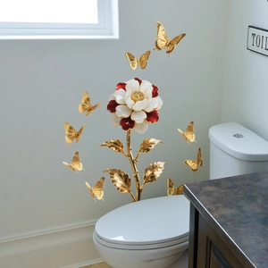 Stickers muraux 3D fleurs et papillons dorés pour décoration salon et chambre moderne