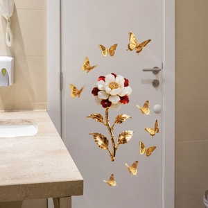 Stickers muraux 3D fleurs et papillons métalliques autocollants pour salon et chambre