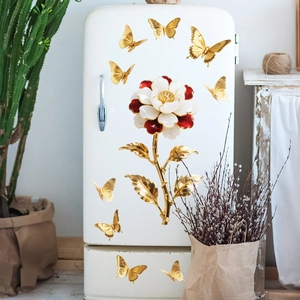 Détails de stickers muraux 3D fleurs métalliques et papillons dorés sur frigo