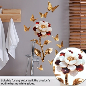Détails de stickers muraux 3D fleurs rouges et dorées sur un mur de salle de bain gris
